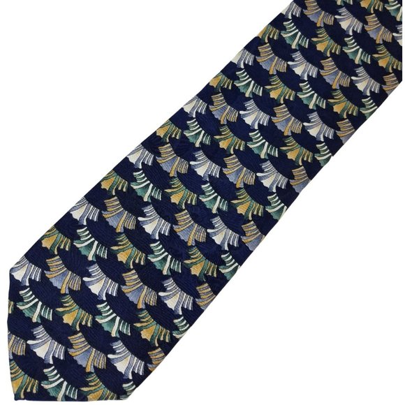 J Garcia Mens Neck tie Silk navy blue geometric abstract pattern green gray tan - Picture 1 of 7